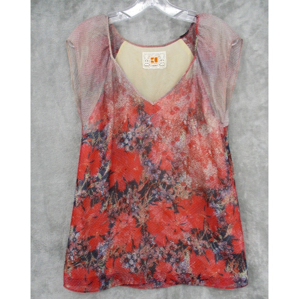 Hugo Boss Orange Top Womens Size 2 Floral Silk Fairy Sheer Sleeve Kanima1-W